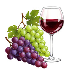 Red and Green Grapes with a Glass of Red Wine isolated on transparent baackground