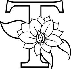 Alphabet T coloring page with the flower, T letter digital outline floral, ABC coloring page