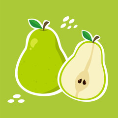 Cute pear sticker illustration with green background. Tropical fruit cartoon