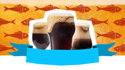 Creative digital artwork showing three frothy dark beers against textured orange fish pattern with...