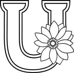 Alphabet U coloring page with the flower, U letter digital outline floral, ABC coloring page