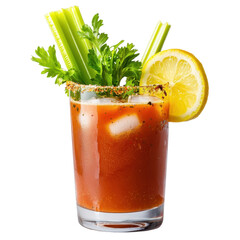 Freshly Made Tomato Juice Cocktail with Celery and Lemon Garnish in a Clear Glass on a White Background transparent background