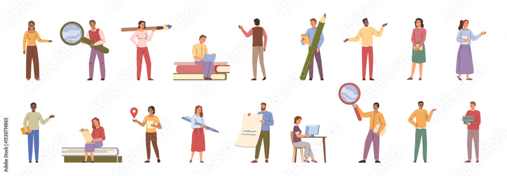 Leinwandbilder characters studying and working. vector in flat style, isolated men and women doing projects on lapt