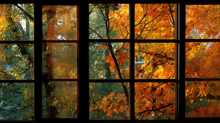 Autumnal View Through a Multi Paned Window Orange and Gold Leaves