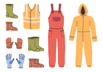 Protective uniform for engineer or construction worker. Vector in flat style, isolated set of safety suit, gloves and rubber boot, vest and footwear. Manufacture health protection measurements