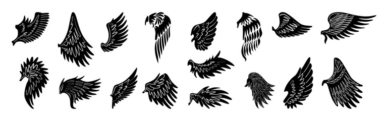 Minimalist feathers, isolated set of silhouette of bird or angel wings. Vector in flat style, decoration for banners of labels, tattoos. Vintage or retro emblem decor, minimalist symbol of freedom