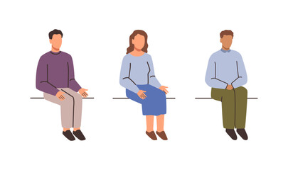 Relaxed calm people sitting on seats. Vector in flat style, isolated set of man and woman with no face. Colleagues or students, business characters collaborating or attending meeting, teamwork