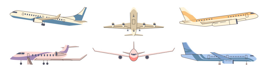 Passenger planes in different sides and positions view. Vector in flat style, isolated set of airbuses for journey and transportation. Means of transport for people, commercial airliner lines