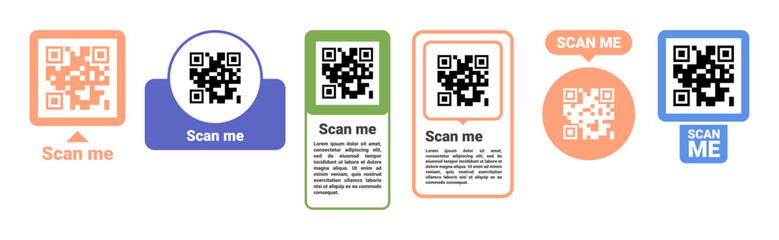Labels with generated qr codes for retail business or branding. Vector in flat style, isolated set of stickers with barcode for payment or brand recognition advertisement. Scan me symbol with text