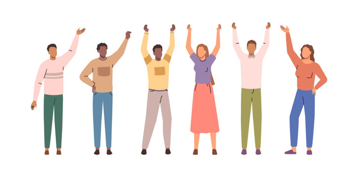 Men and women standing in line raising hands up. Vector isolated male and female characters resenting or showing gestures. Community or students, team worker or business partners in meeting