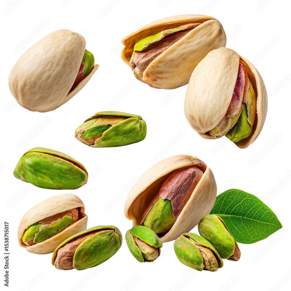Poster fresh and delicious pistachios with colorful shells and green kernels on a white background for culi