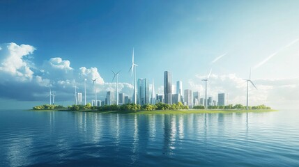 Modern Urban Landscape with Wind Turbines and Water Reflection Under Bright Sky