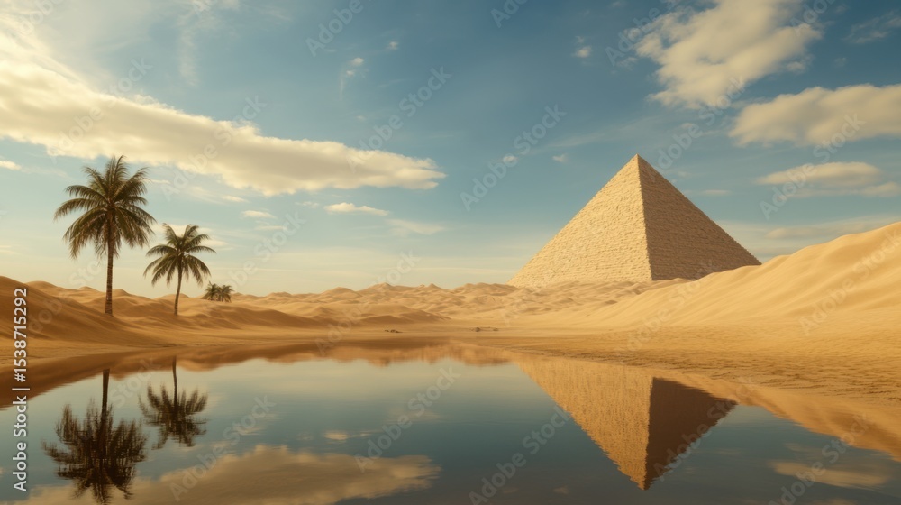 Poster an empty desert oasis reflecting palm trees, surrounded by endless dunes and a distant pyramid