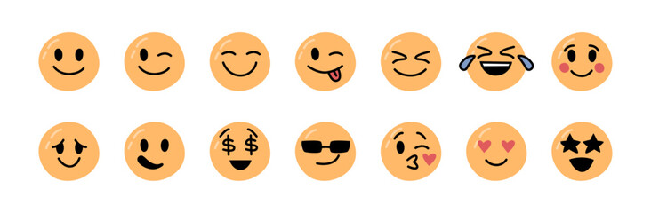 Stickers emotions face set. Vector isolated facial expression. Sticking out tongue and winking, happiness and laughter, joy and gladness feeling, in love and kiss