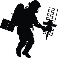 Silhouette of an astronaut in a spacesuit holding a satellite in space