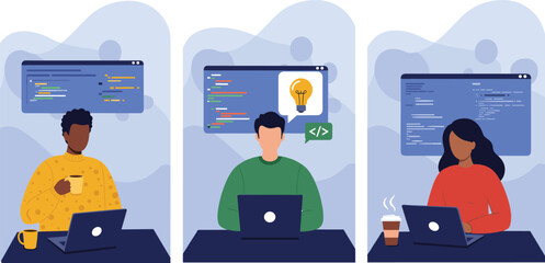 Professional software developers coding innovative solutions, programming modern applications, and designing user-friendly interfaces,  flat vector illustration