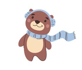 Christmas character, isolated bear wearing knitted scarf and headwear. Vector in flat style, friendly personage or sticker, cute emoticon or postcard design. Smiling animal, winter time