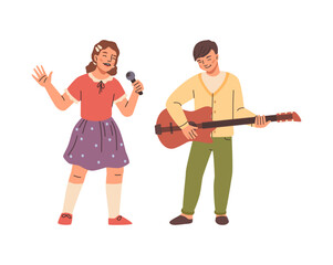 Girl holding microphone and singing, boy playing guitar. Vector isolated child cartoon characters in musicians roll. Music concert or practicing for festival, children professions and education
