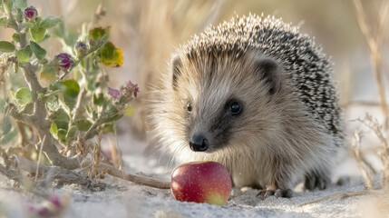 Fototapeta premium a close-up of a hedgehog on a sandy ground. The hedgehog is facing towards the right side