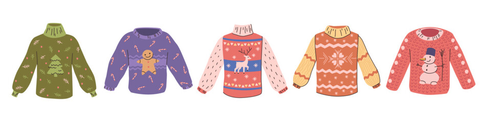 Seasonal Christmas ugly sweaters. Vector isolated flat cardigans and knitted pullovers with winter time ornaments, pine tree, candy and gingerbread man, deer and snowman, snowflakes