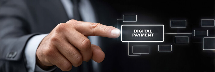 a floating icon of a businessman pointing his finger at the "Digital Payments" icon. Payment processing, secure transactions