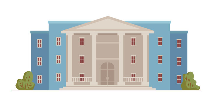 Bank exterior facade, public building with large doors and imposing columns. Vector university or school establishment. Classic architecture of community structure, institution of authorities