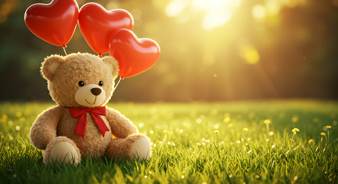 Adorable teddy bear with red heart balloons in a sunny meadow perfect for Valentines Day cards romantic love cute cuddly friendship childhood memories spring