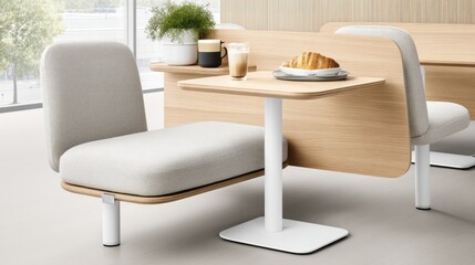 Fototapeta premium Modern café seating with minimalist design and breakfast setup
