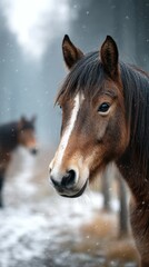 Horses in a snowy forest during winter, showcasing the beauty of nature and wildlife in a serene setting