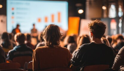 Fototapeta premium Audience members seated facing a presentation screen with blurred figures in a room setting