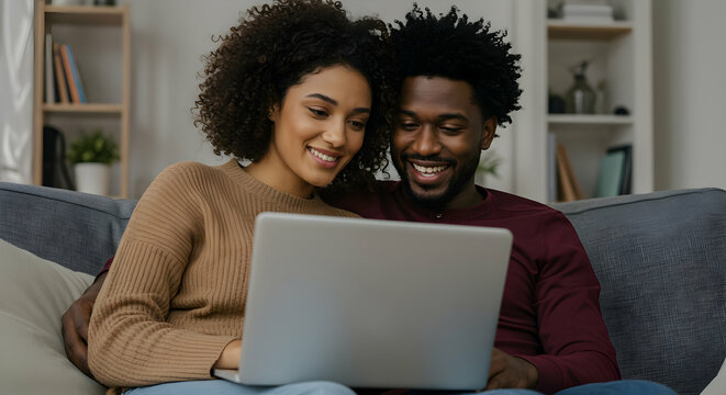 Happy young couple using laptop together at home enjoying quality time