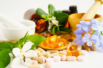 Alternative medicine herbal organic capsule with vitamin E omega 3 fish oil, mineral, drug with...
