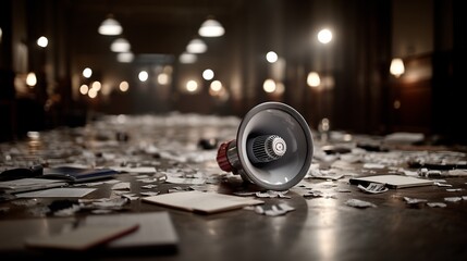 Discarded documents, a megaphone, and a chaotic atmosphere