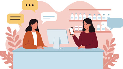 Engaged bank customers interacting with a teller, discussing financial services, processing transactions, and utilizing mobile banking in a modern and customer  flat vector illustration