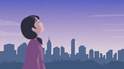 Cartoon Girl Looking at Stars Over Twilight City Silhouette