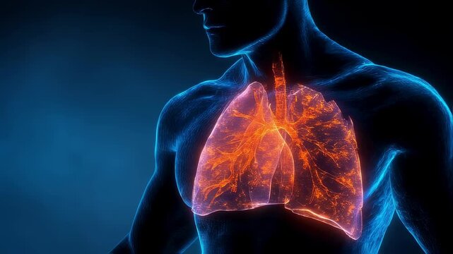 Medical visualization showing the progression of tuberculosis granulomas, illuminating the affected areas within the lungs of a male figure