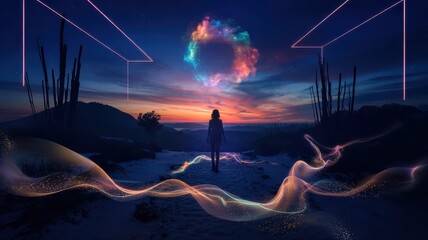 Woman Walking Toward Cosmic Portal at Sunset in Surreal Landscape