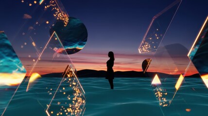 Silhouetted Woman at Sunset with Floating Geometric Glass Forms