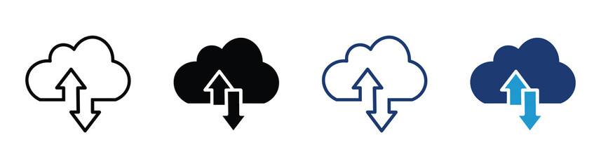 Set of cloud transfer icon , Cloud download and upload icon ,  cloud computing icon set in outline and flat style , vector illustration . 