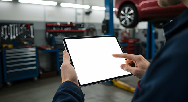 Mechanic using tablet for car repair diagnostics service appointment scheduling software mobile technology workshop garage