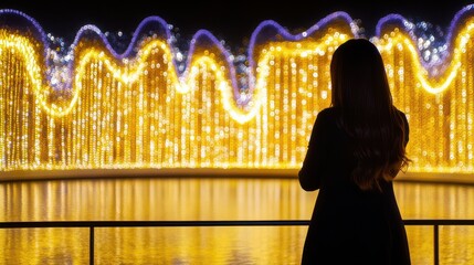 Woman Watching a Wavy Golden Light Installation Reflecting on Water
