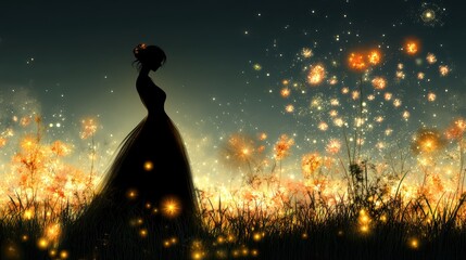 Silhouetted Woman in Enchanted Meadow of Sparkling Flowers