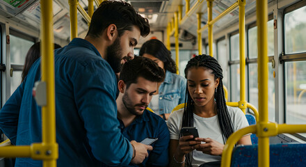 Young adults commuting on a public bus using smartphones social media