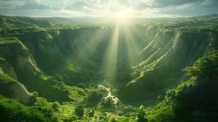 Majestic Sunlight Beams Over Verdant Canyon Valley with Lush Trees