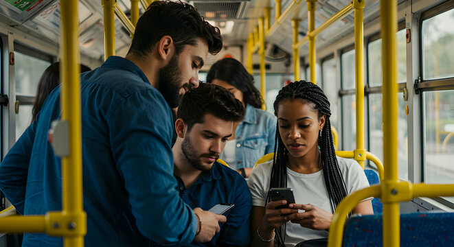 Young adults commuting on a public bus using smartphones social media - Powered by Adobe