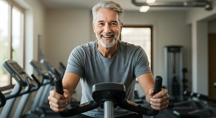 Senior man smiling while exercising on stationary bike fitness gym workout healthy lifestyle wellbeing active aging
