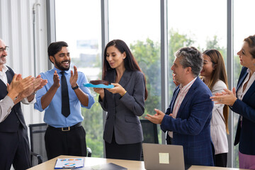happy birthday party : Business Hispanic woman celebrating birthday and doing a party with colleagues. Multi-Ethnic Coworkers are Celebrating a Birthday Party in the Office.