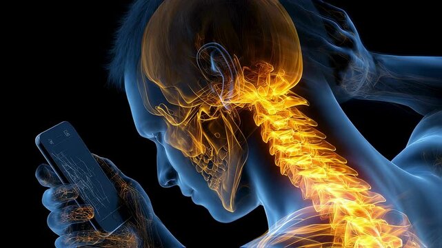 Medical visualization revealing cervical spine strain resulting from prolonged smartphone usage, demonstrating anatomical stress and potential long term postural health consequences