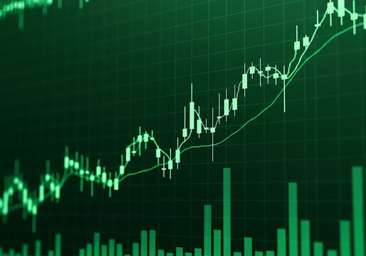 Green stock market chart with candlesticks and moving averages - Powered by Adobe