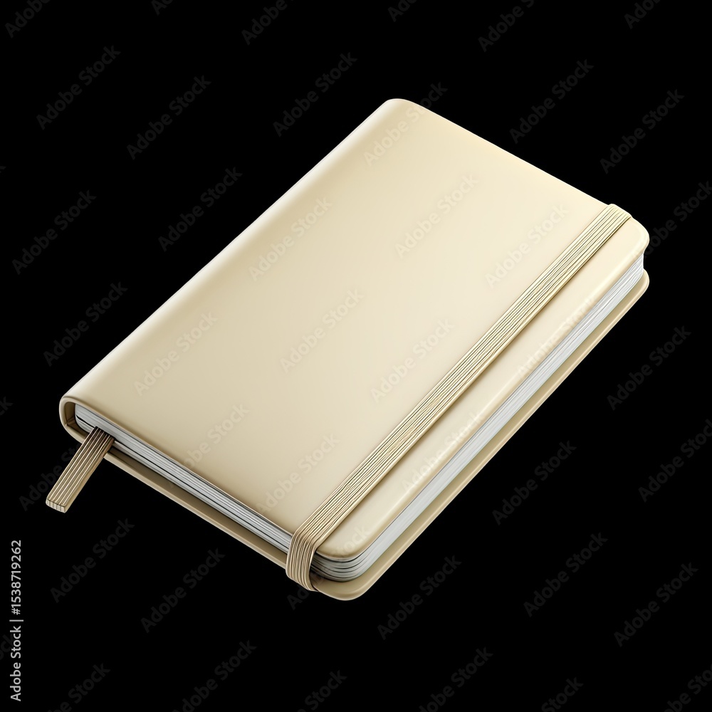Poster clean beige notebook closed with no logos or marks, featuring sleek design and elastic band. this el